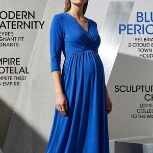 Maternity Mother Bee Maternity V-Neck 3/4 Sleeve Blue Empire Waist Dress